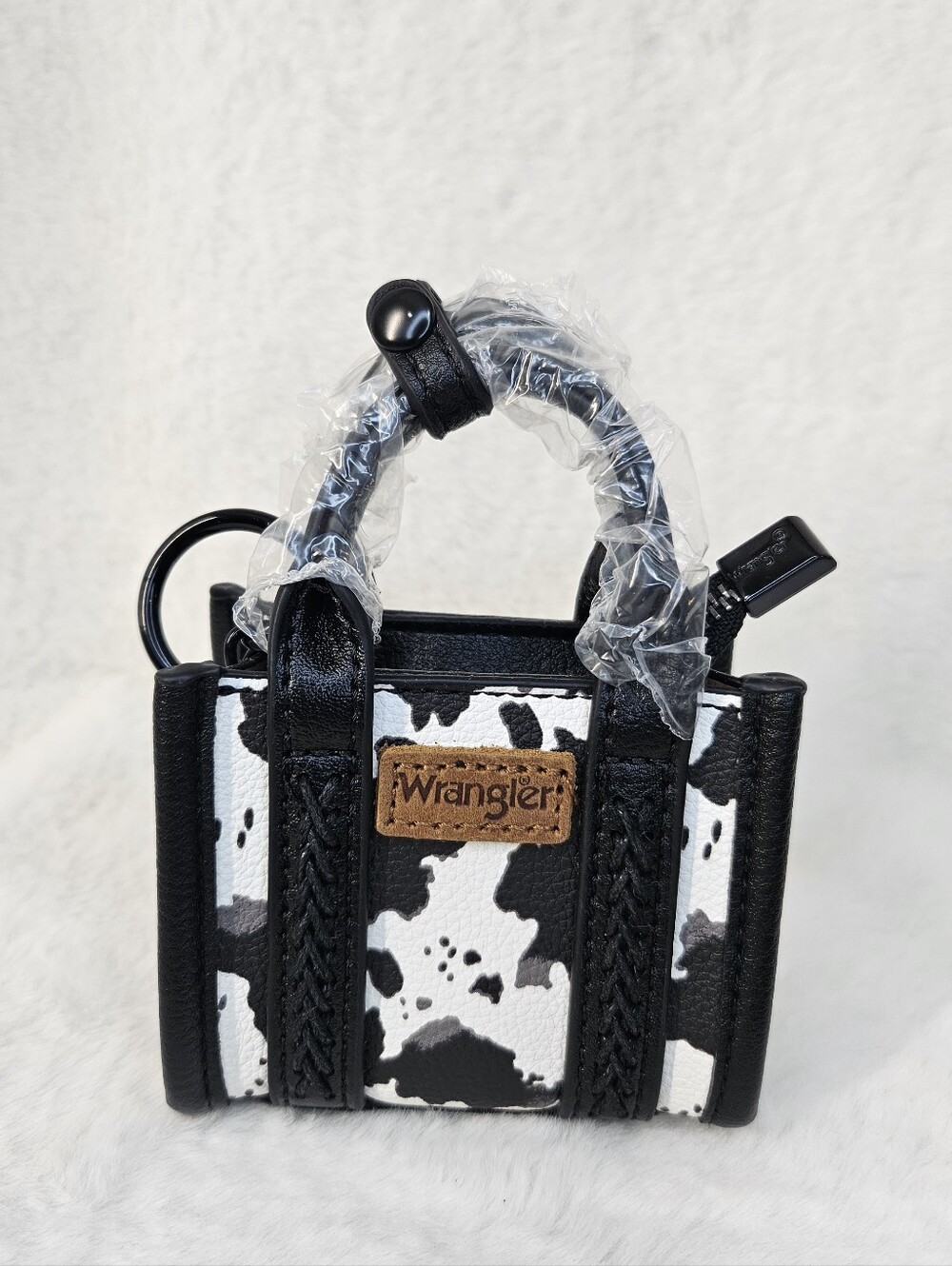 Wrangler Black and White Cow-Print Mini Tote Keychain Purse Charm NWOT
